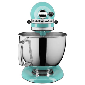 KitchenAid Aqua Sky mixer with pouring shield prevents splatter during batter prep.