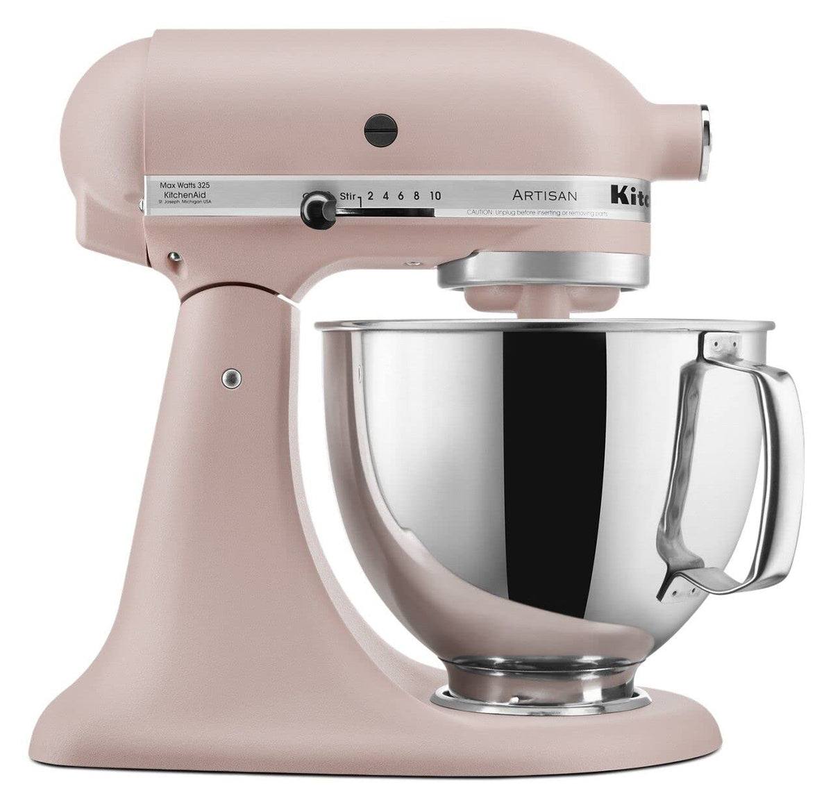 KitchenAid Artisan tilt-head mixer with 5-quart feather pink bowl for large-batch baking