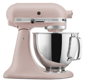 KitchenAid Artisan tilt-head mixer with 5-quart feather pink bowl for large-batch baking