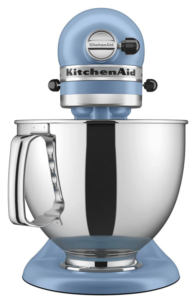 Close-up of KitchenAid blue velvet mixer showing durable metal construction and reliable build.