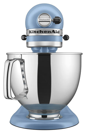 Close-up of KitchenAid blue velvet mixer showing durable metal construction and reliable build.
