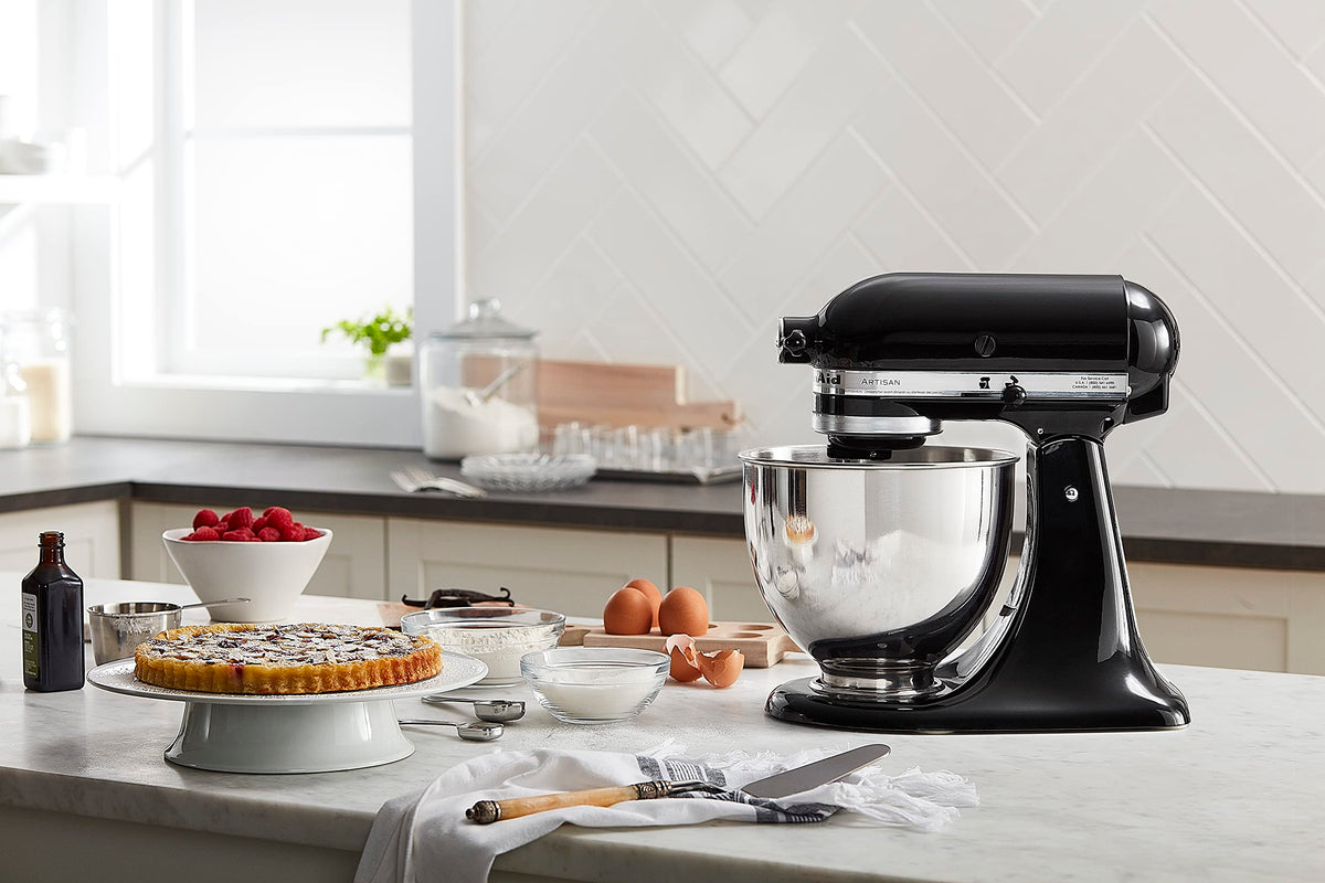 KitchenAid Artisan tilt-head onyx-black finish highlights stylish, space-saving design.
