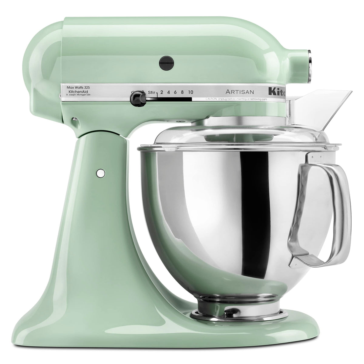 KitchenAid Artisan tilt-head mixer in pistachio, front view for large batch capability