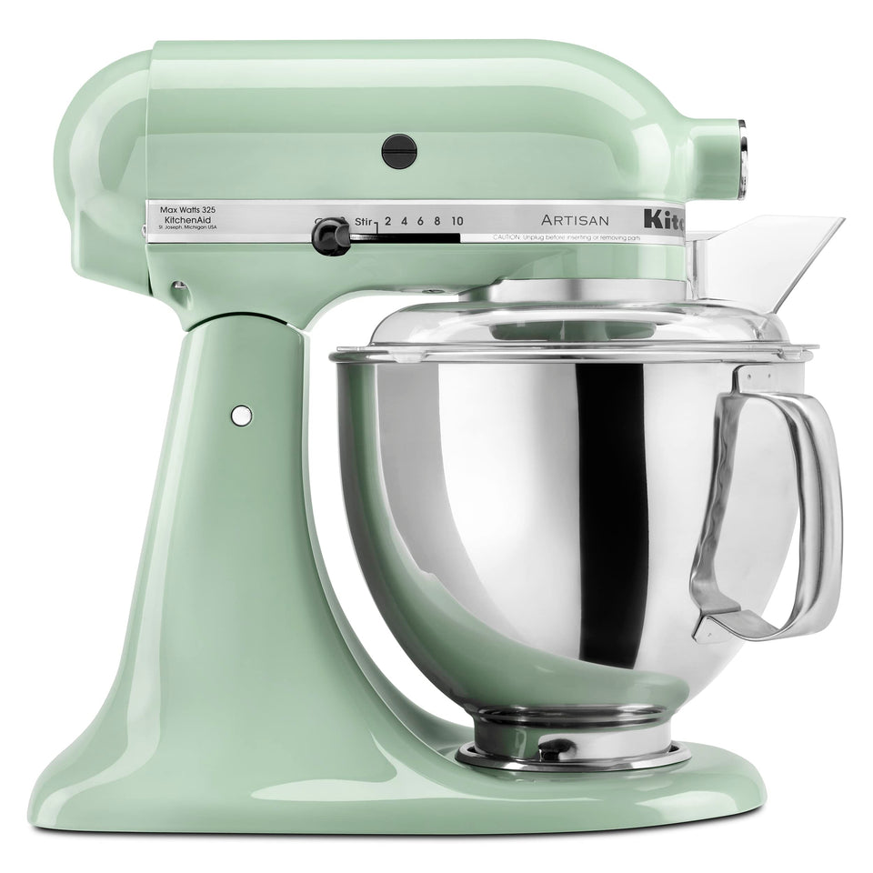 KitchenAid Artisan tilt-head mixer in pistachio, front view for large batch capability