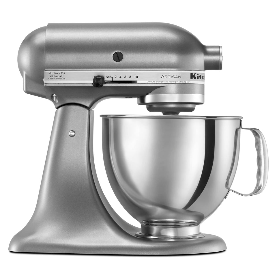 KitchenAid Artisan tilt-head mixer with pouring shield for mess-free batter pours.