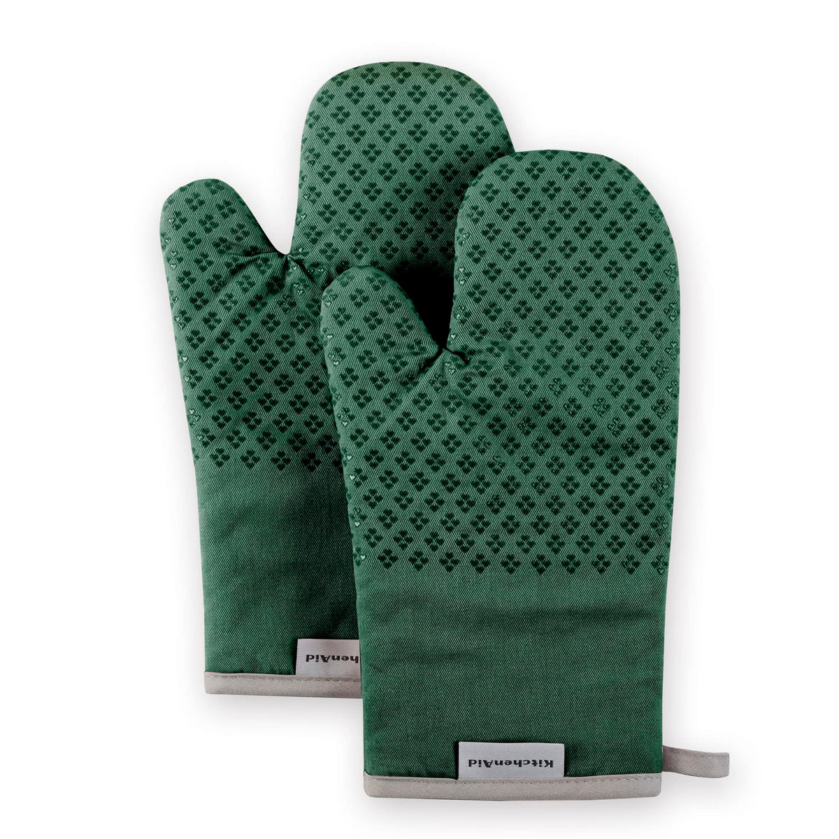 KitchenAid Asteroid oven mitts in dark green provide heat protection up to 302 degrees Fahrenheit.