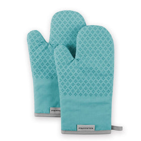 KitchenAid Asteroid Oven Mitt Set Aqua Sky front view showing roomy 7x12.5 inch size for secure grip