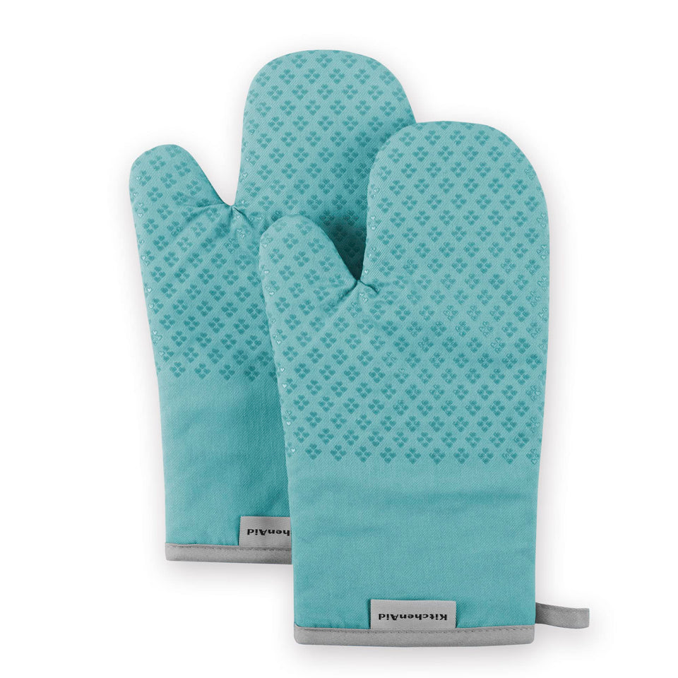 KitchenAid Asteroid Oven Mitt Set Aqua Sky front view showing roomy 7x12.5 inch size for secure grip