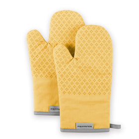 KitchenAid Asteroid oven mitt set in buttercup yellow with heat resistance up to 302°F