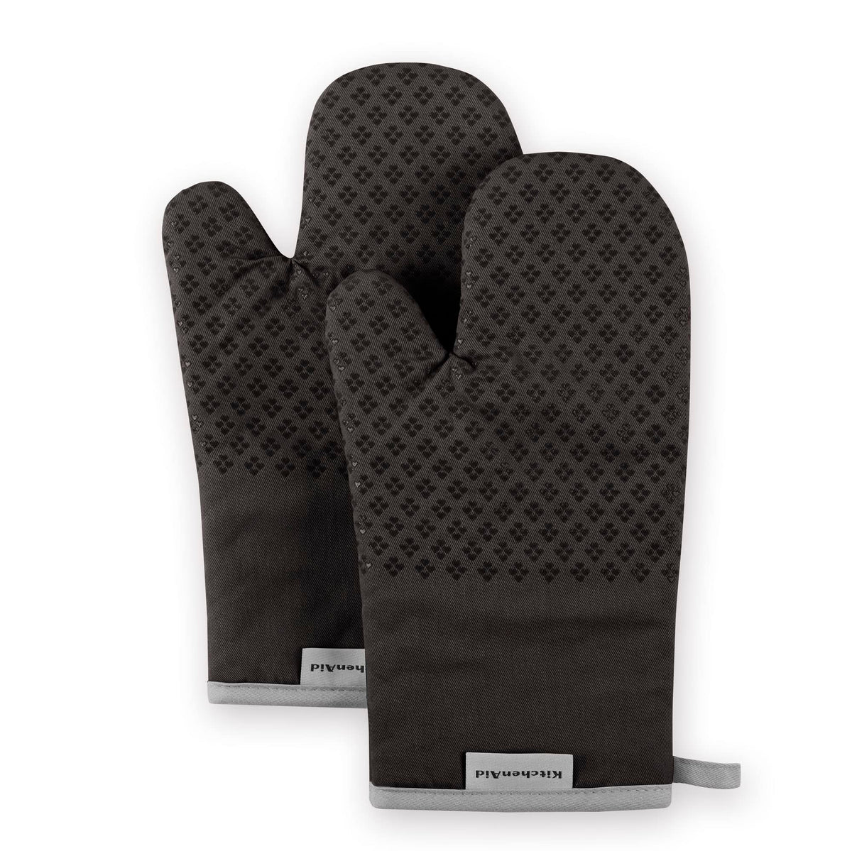 KitchenAid Asteroid oven mitts in black, 7x12.5 inches, heat resistant for safe handling of hot pots.