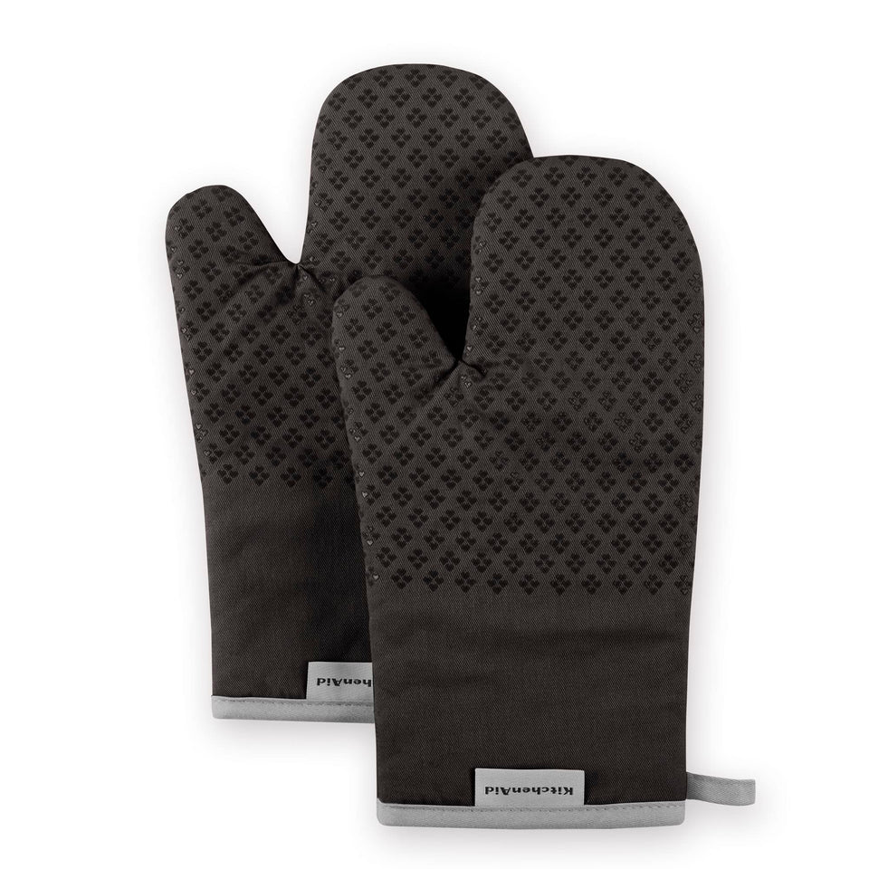 KitchenAid Asteroid oven mitts in black, 7x12.5 inches, heat resistant for safe handling of hot pots.