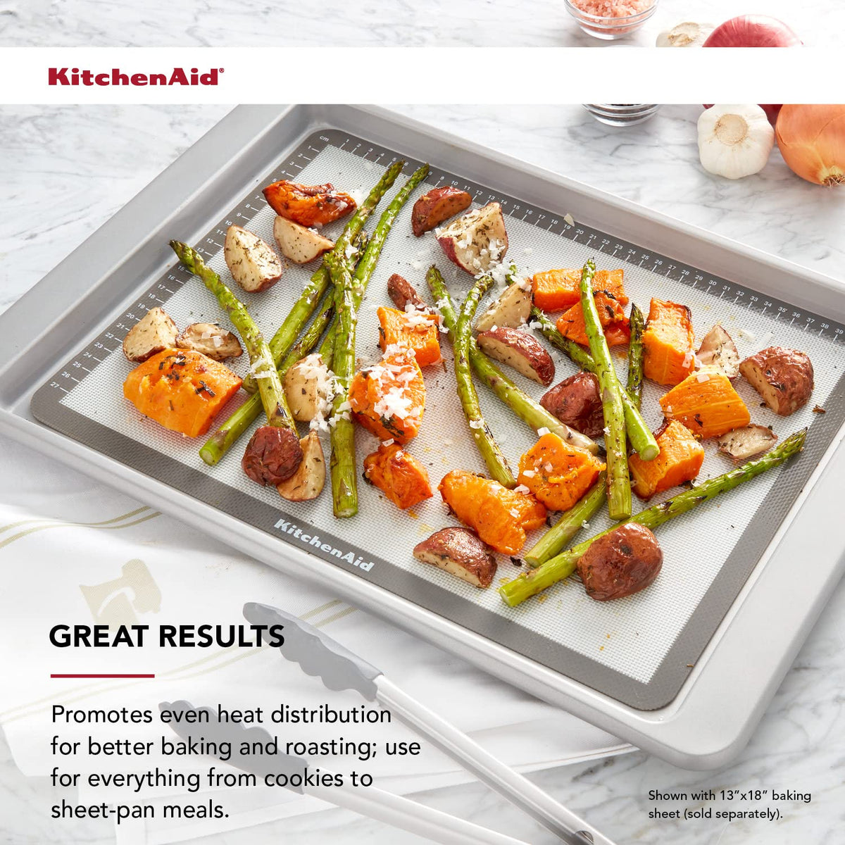 KitchenAid mat handles up to 500F for versatile high-heat bakes.