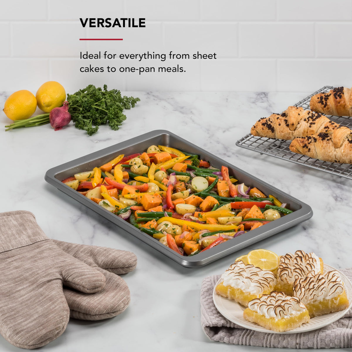 KitchenAid baking sheet extended handles provide a secure grip.
