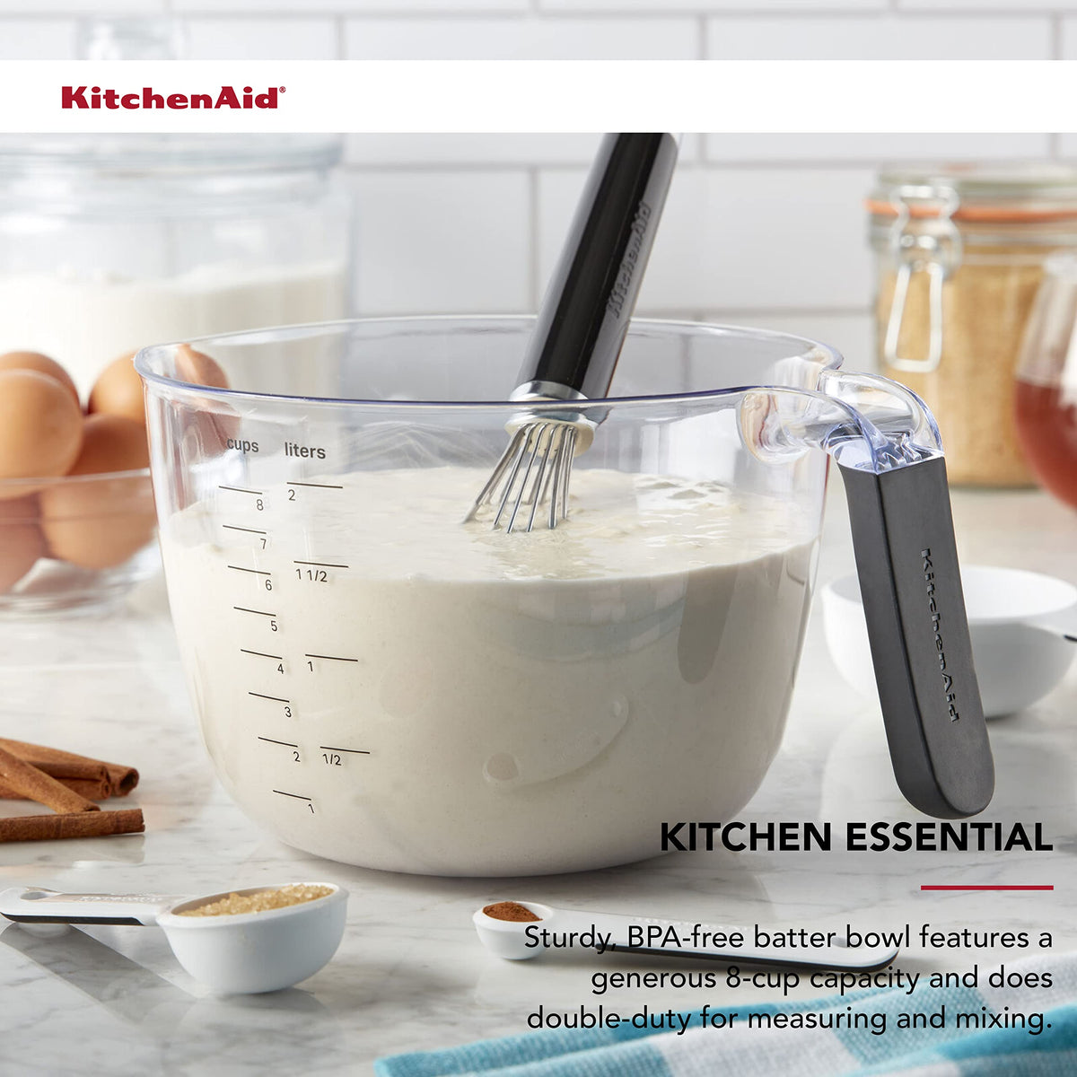 KitchenAid batter bowl with non-slip base, stable on counters, dishwasher-safe for easy cleanup