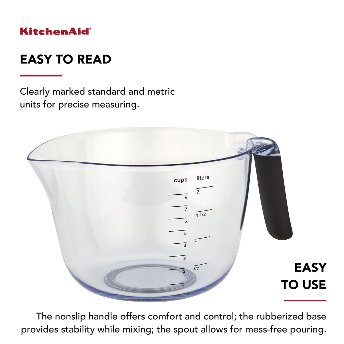 KitchenAid batter bowl close-up shows soft handle for comfortable grip during whisking