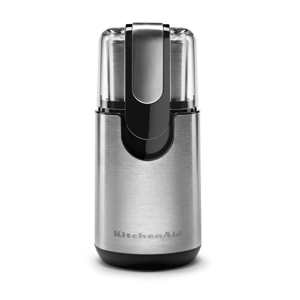 KitchenAid BCG111OB blade coffee grinder front view; compact design for quick grinding