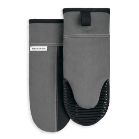 KitchenAid Beacon oven mitt front view shows two-tone contour silver and matte black design for secure handling