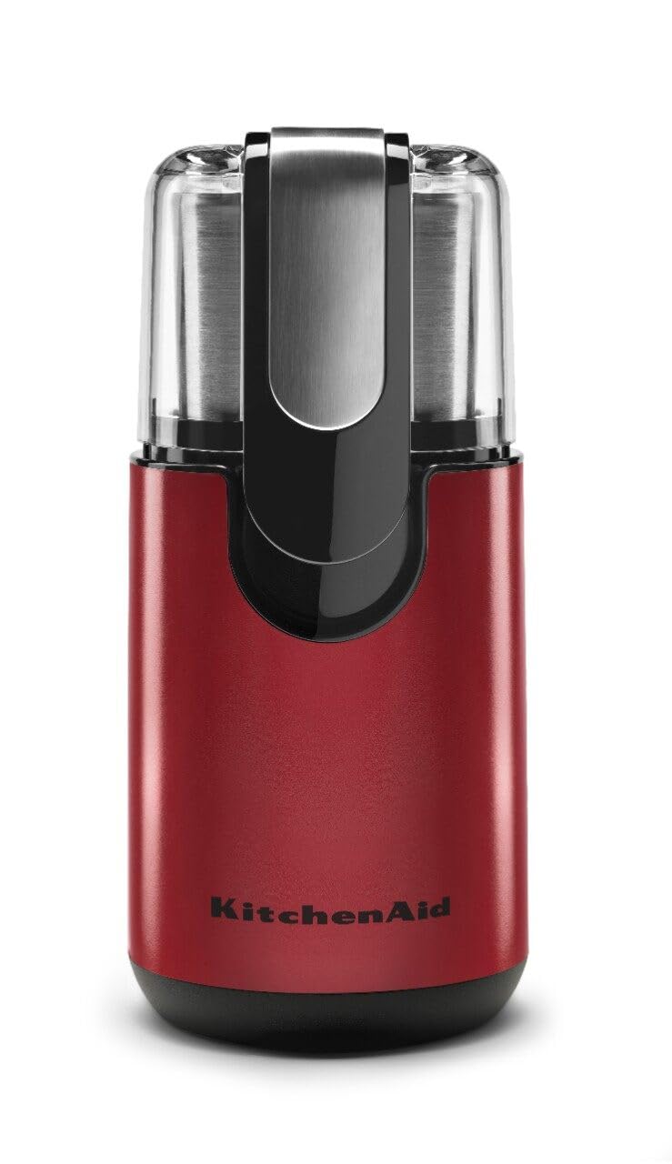 KitchenAid BCG111ER blade coffee grinder front view in Empire Red for quick grinding.
