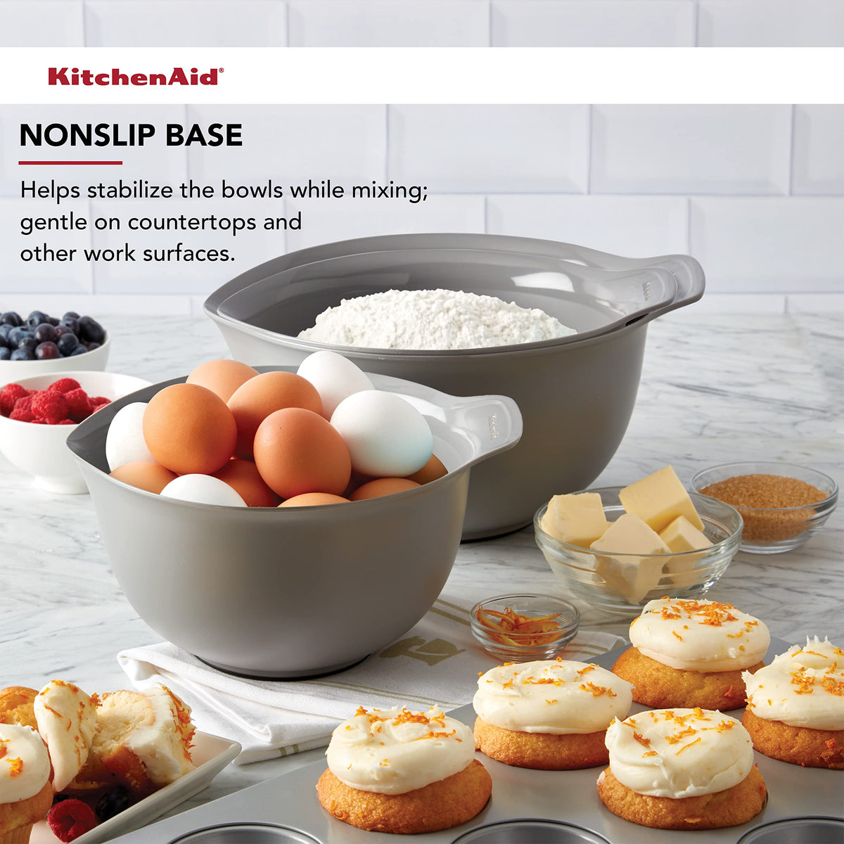 Pour spout detail on KitchenAid bowls helps minimize drips during transfers