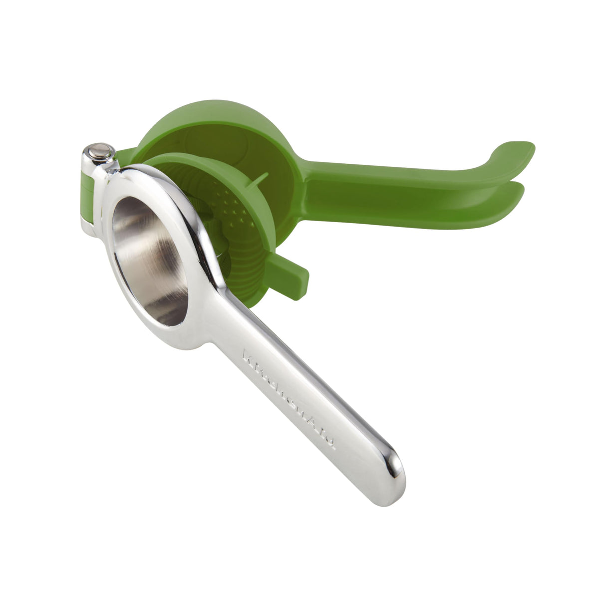 KitchenAid citrus press shows seed catcher and built-in strainer for pulp-free juice.