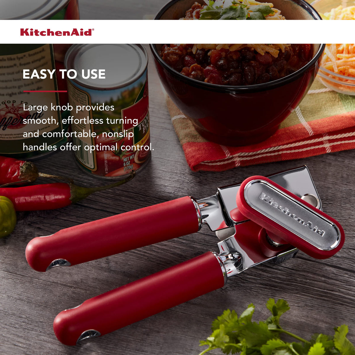 KitchenAid Classic Can Opener in soft red finish adds style and durability.