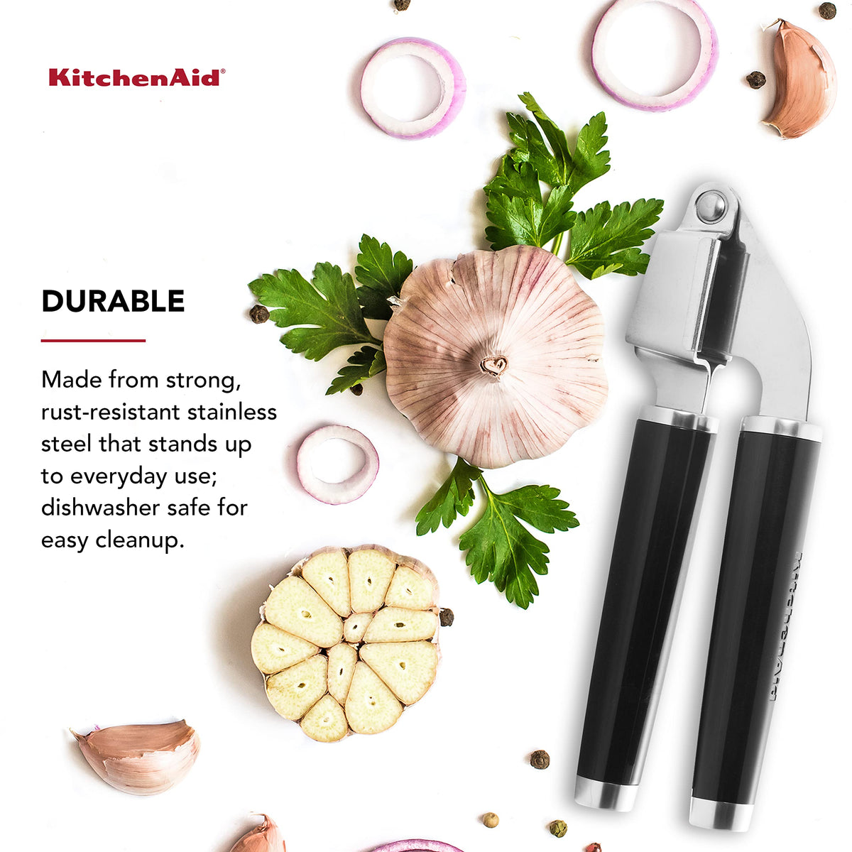 KitchenAid Classic Garlic Press is dishwasher-safe for easy cleanup.