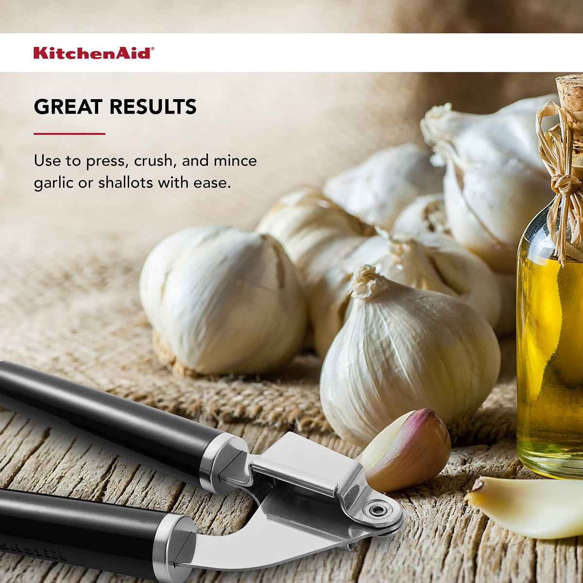 KitchenAid Classic Garlic Press handle offers comfortable, sturdy grip.