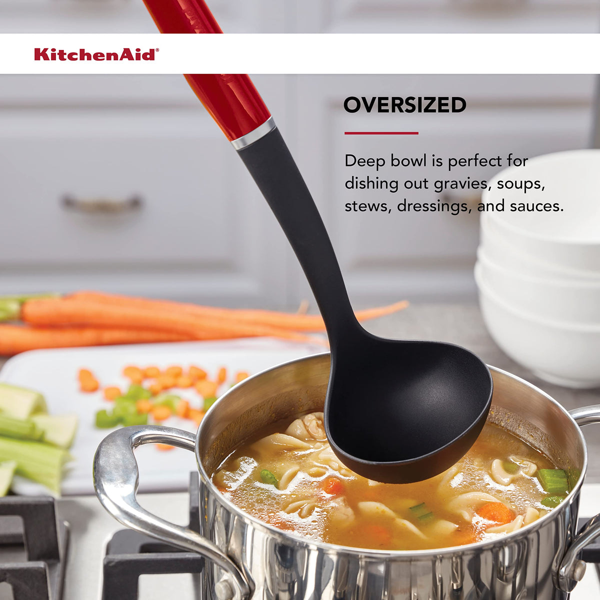 KitchenAid ladle head measures 3.055 by 3.44 inches for precise serving.
