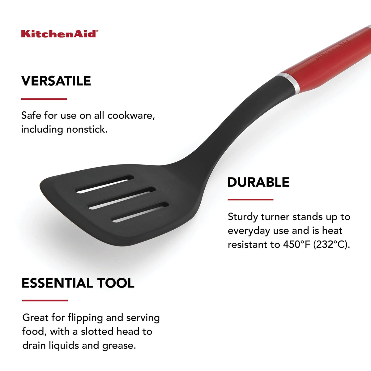 Head heat resistant up to 450 degrees Fahrenheit for safe use with non-stick cookware