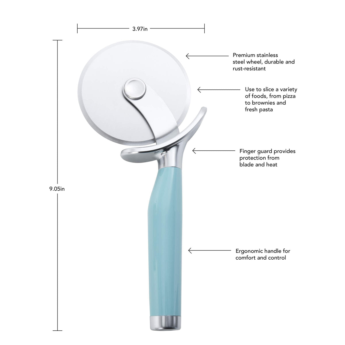 KitchenAid Classic Pizza Wheel handle in aqua sky with comfortable grip.