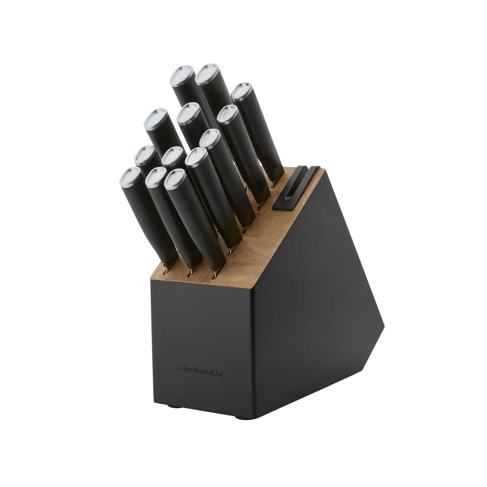 KitchenAid Classic Slim knife block with built-in sharpener on countertop for easy knife upkeep.