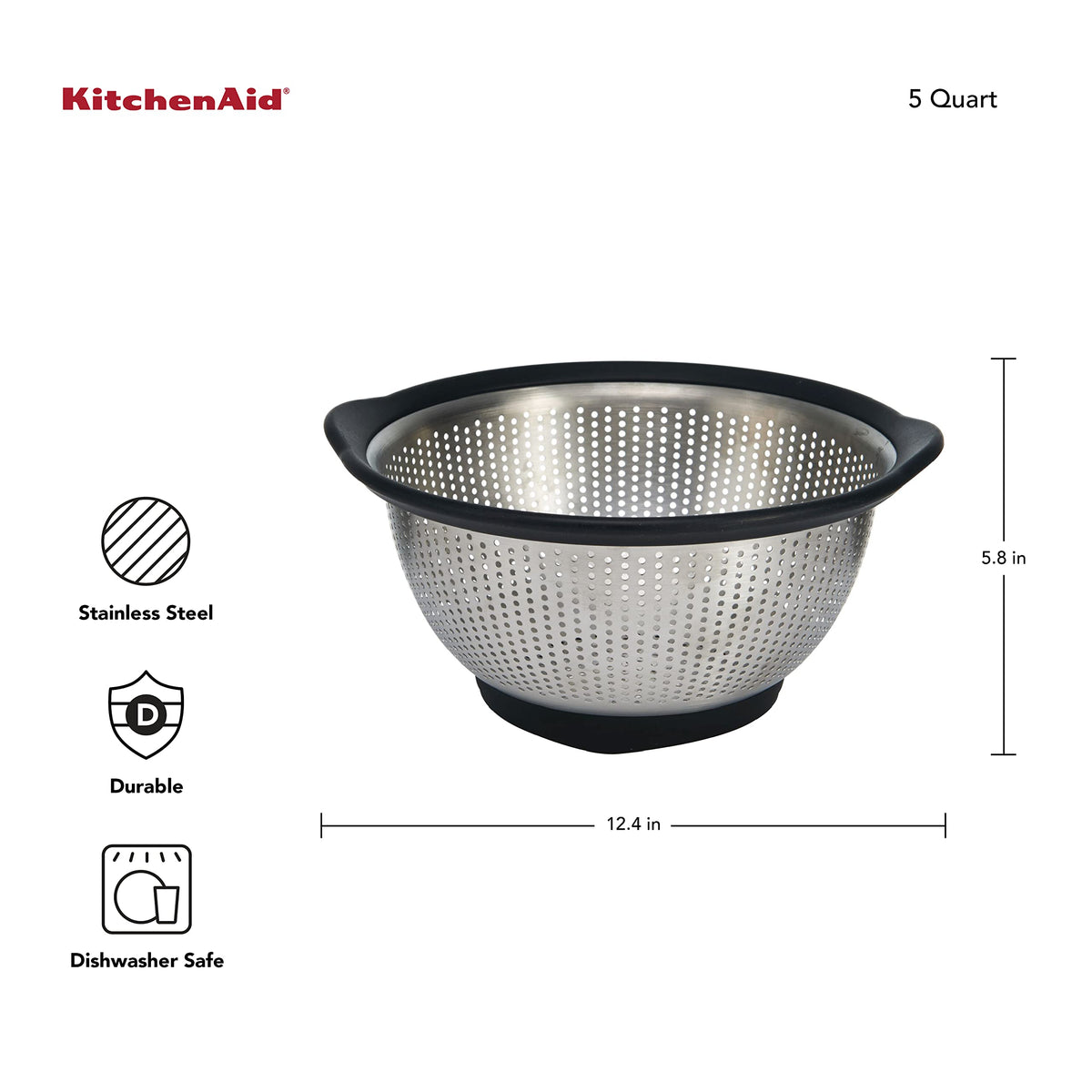 KitchenAid colander 5 qt shown draining over sink with stable raised feet.