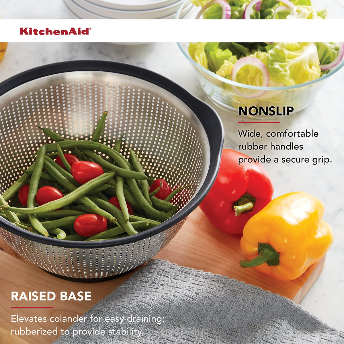 KitchenAid colander 5 qt soft-grip handles for comfortable, secure grip.