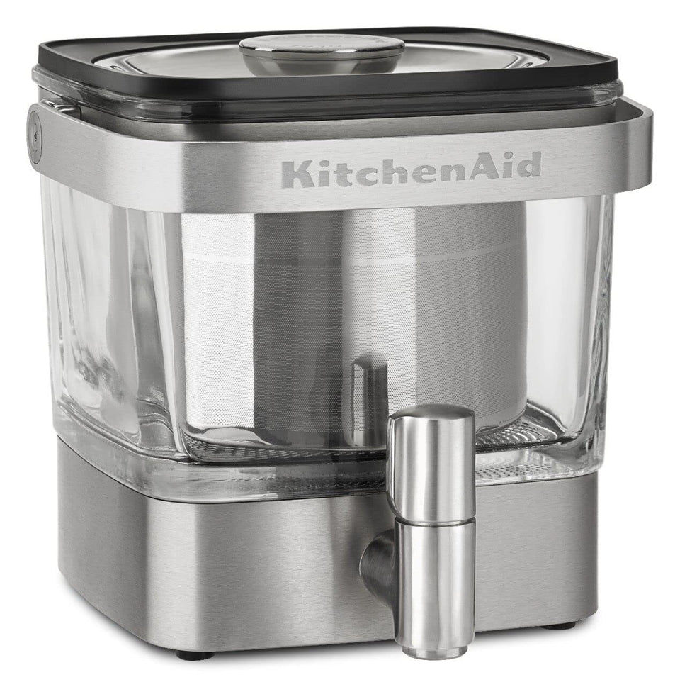 KitchenAid cold brew carafe glass showing 28 oz capacity for easy home brewing.