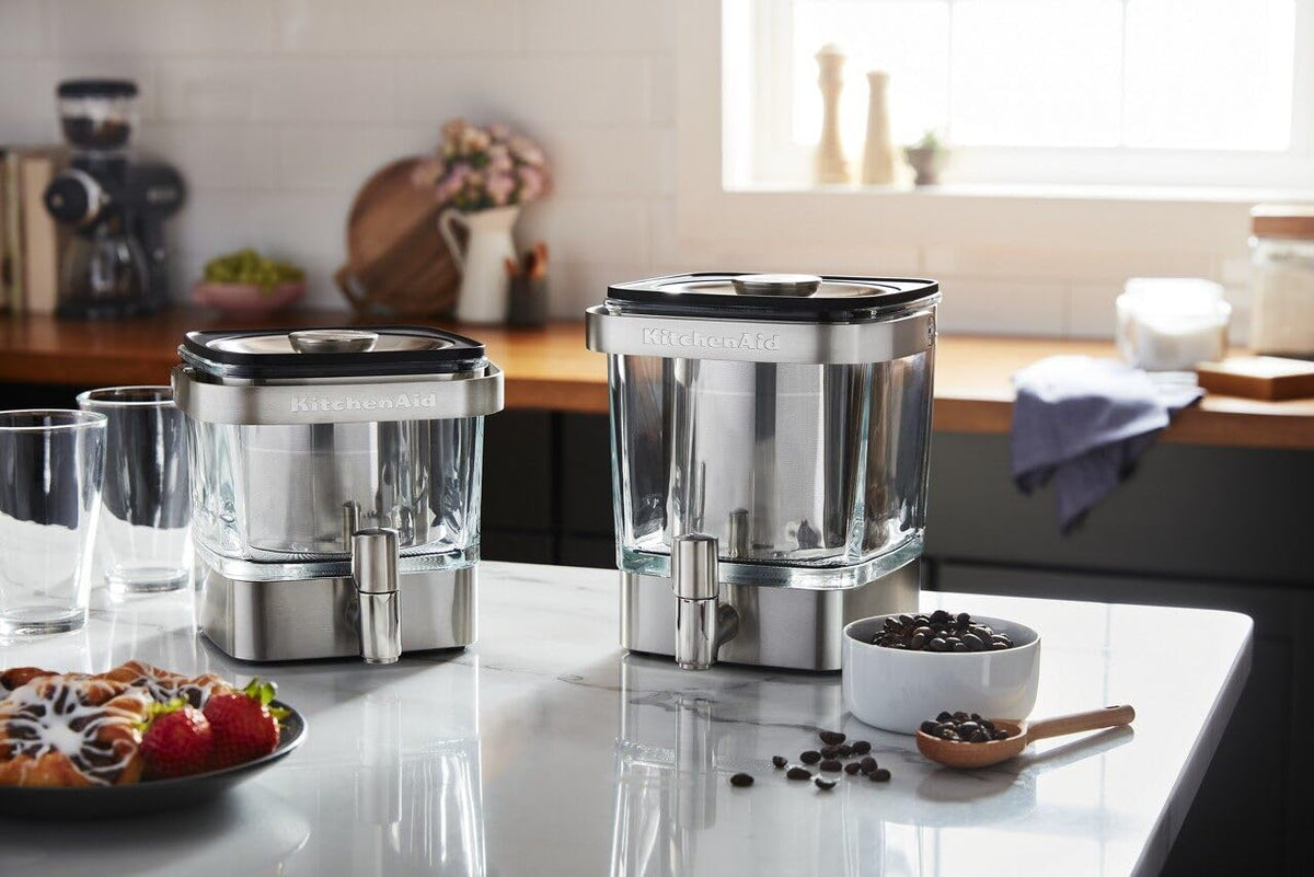 KitchenAid glass carafe displaying a clean, fresh cold brew ready for sipping.