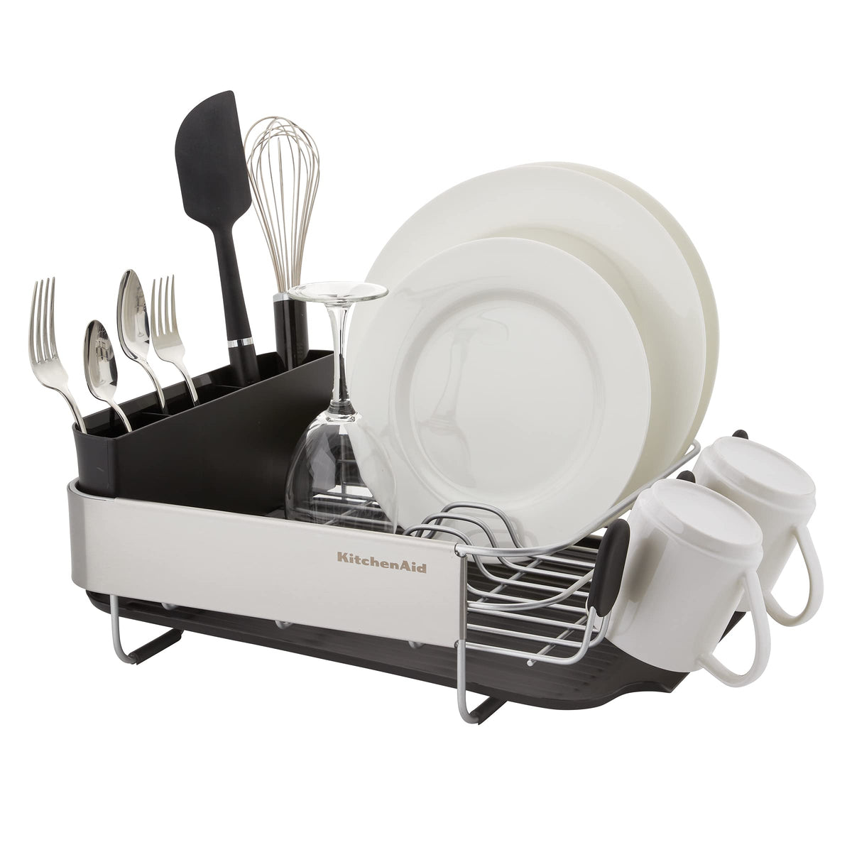 KitchenAid compact dish rack with angled drainboard directing water to sink.
