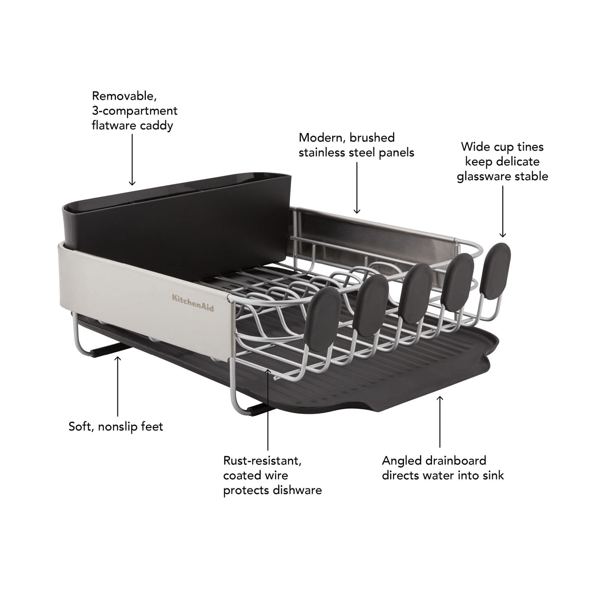 KitchenAid compact dish rack on countertop for drying dishes.
