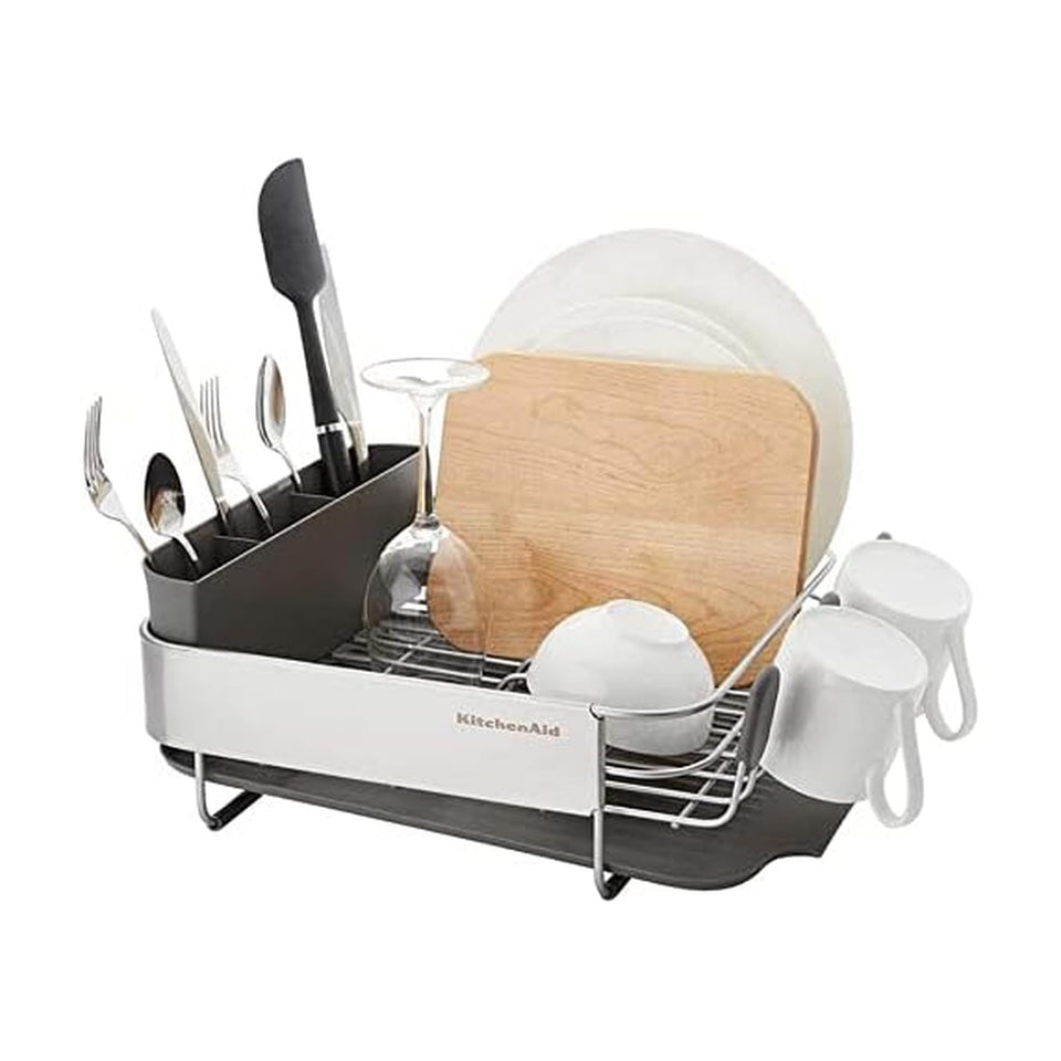 KitchenAid compact dish rack on a countertop shows space-saving design for small kitchens