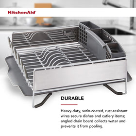 KitchenAid compact dish rack easy-clean removable caddy for cleaning.