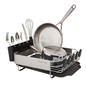 KitchenAid compact dish rack with removable flatware caddy for organization.