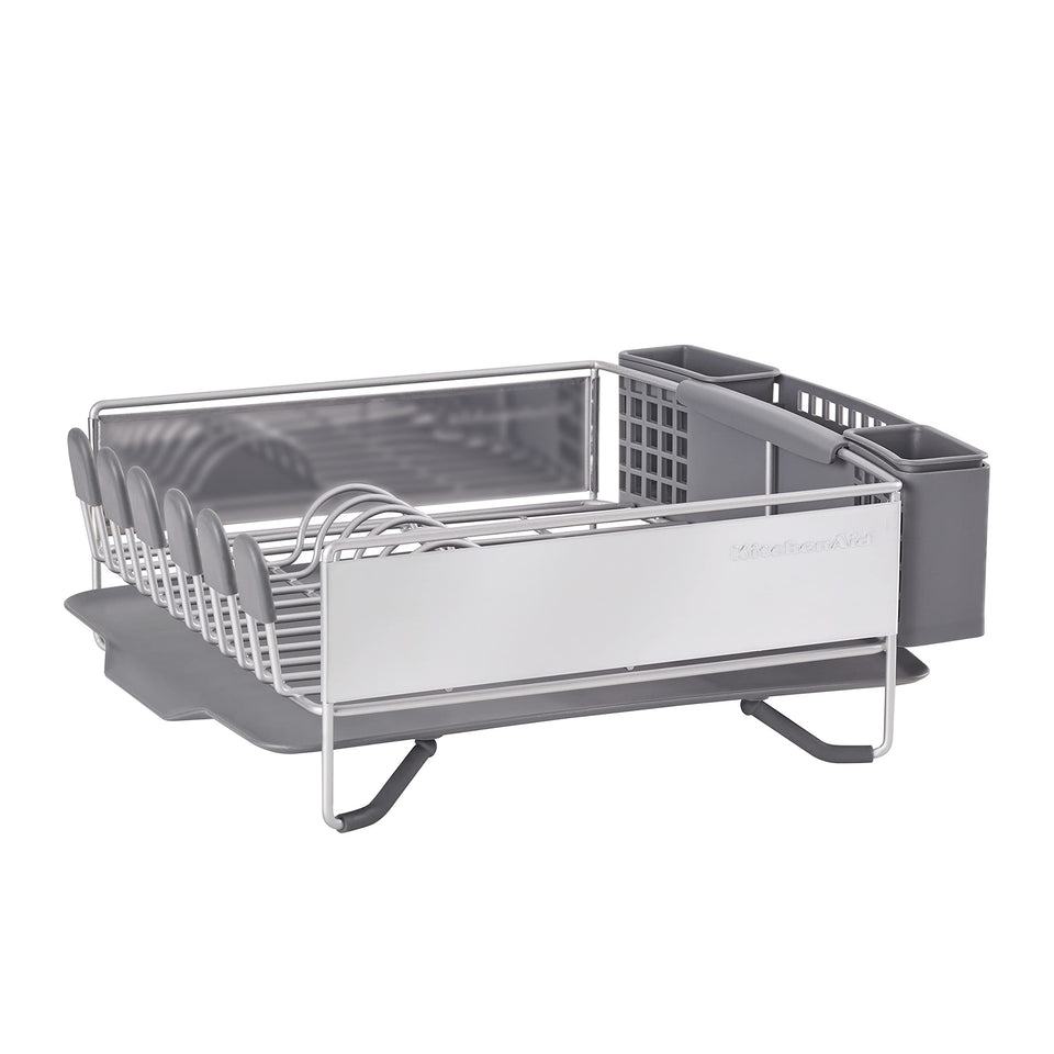 KitchenAid compact dish rack from the front view, ideal for small kitchens and quick air-drying.
