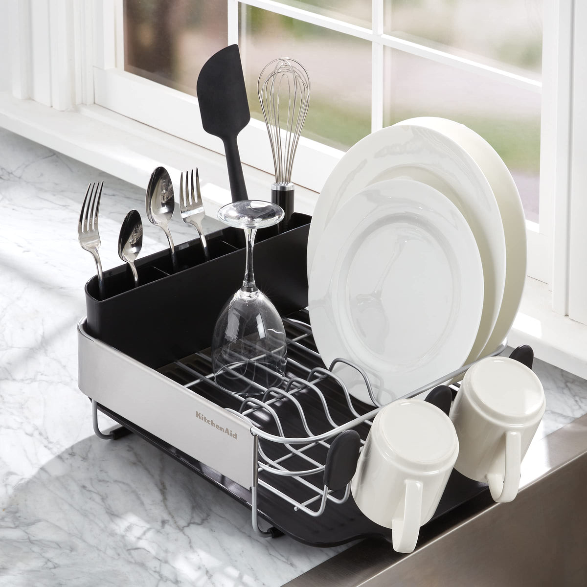 KitchenAid compact dish rack stainless steel panels for daily use.