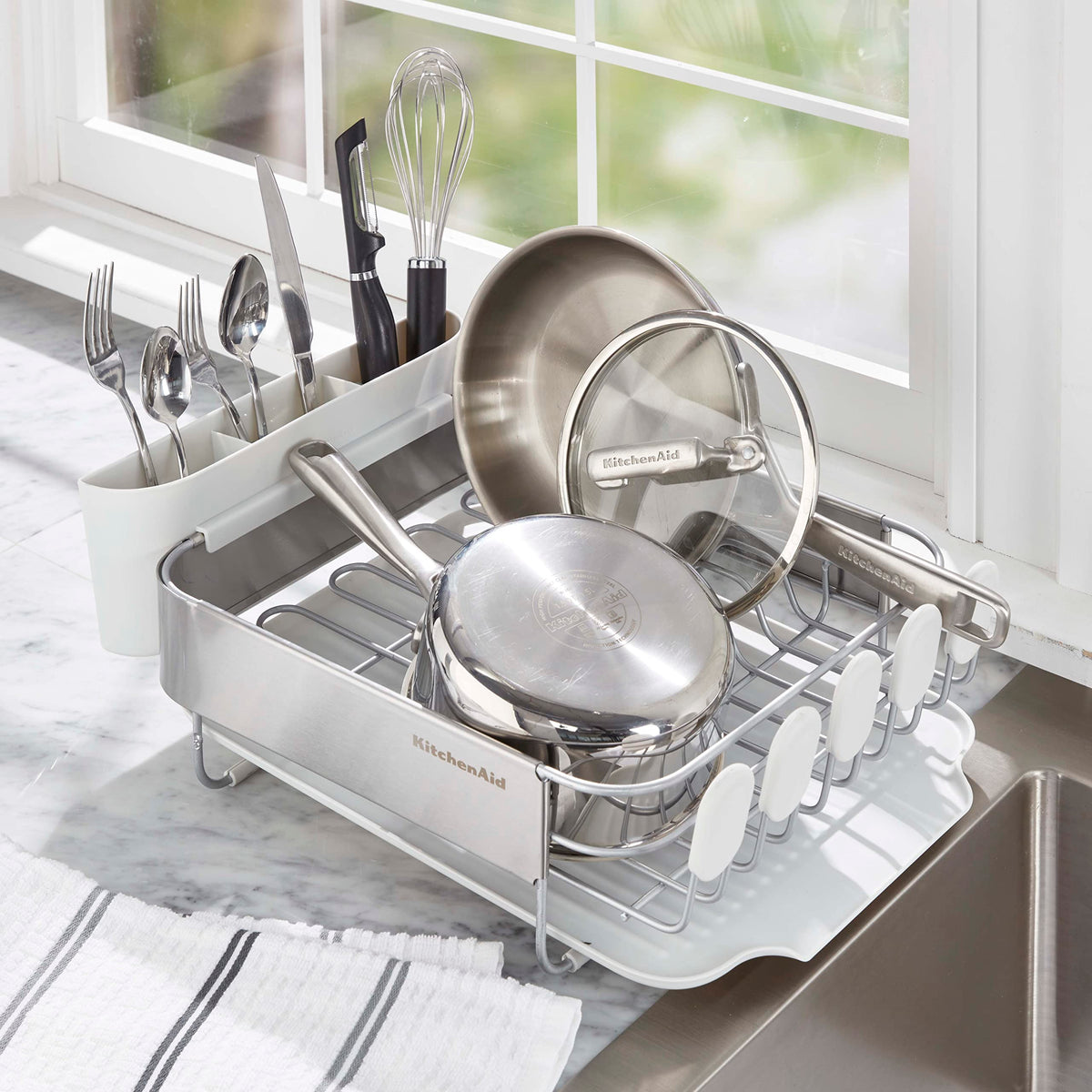 KitchenAid compact dish rack on countertop suitable for small kitchens