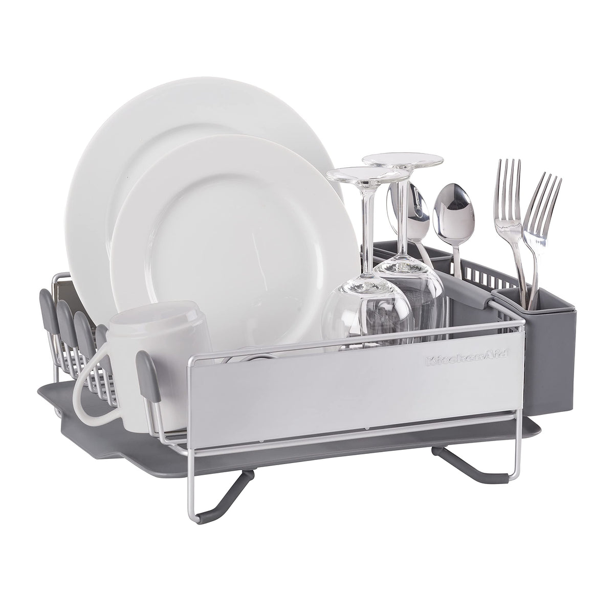 KitchenAid dish rack with detachable flatware caddy keeps utensils organized.
