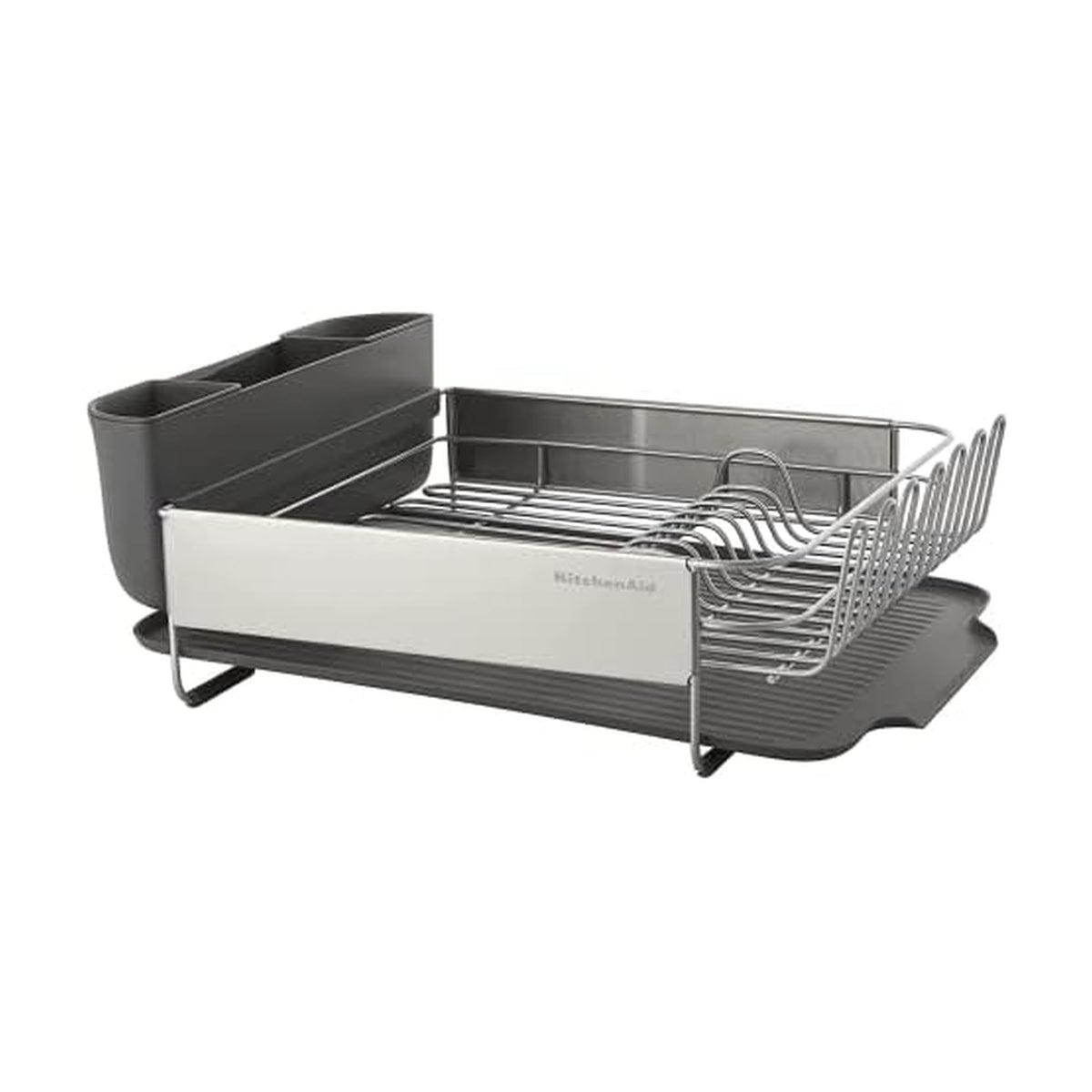 KitchenAid dish rack large-capacity holds plates and cups for organized air drying.