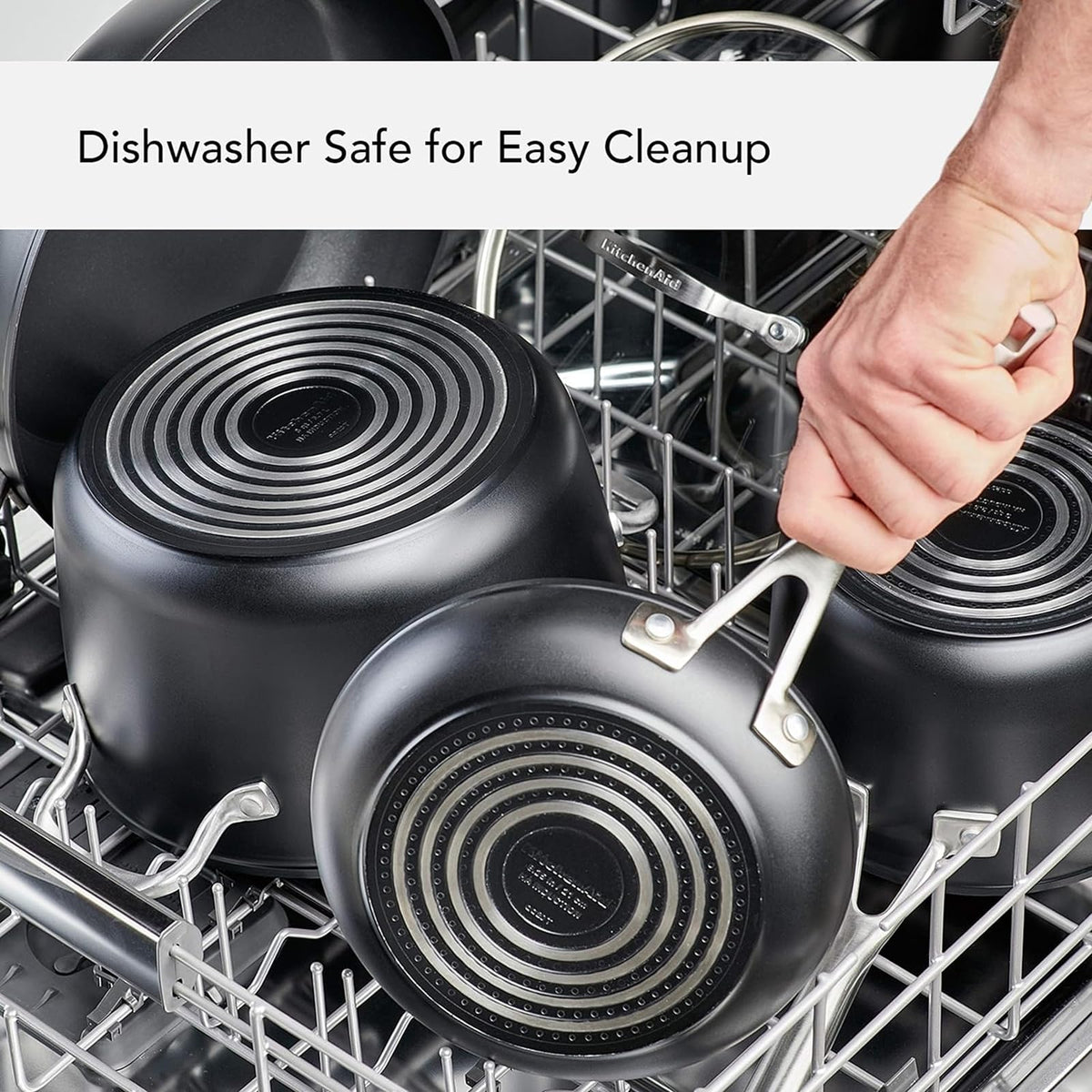Dishwasher-safe KitchenAid cookware for quick cleanup.