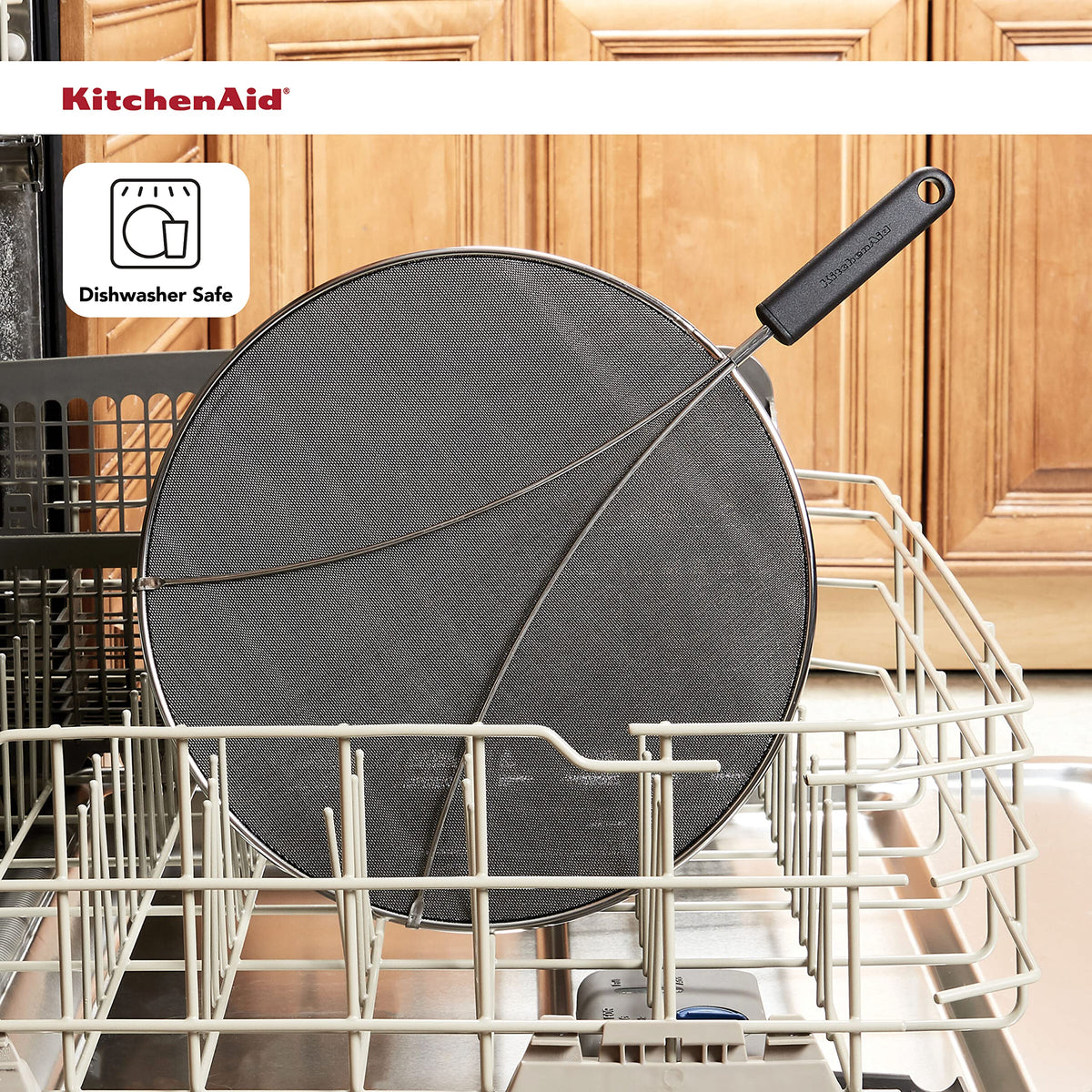 KitchenAid dishwasher-safe splatter screen for quick cleanup after cooking