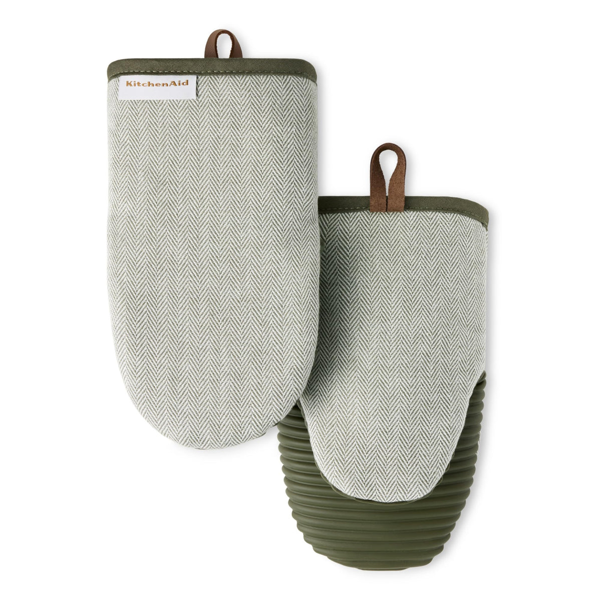 KitchenAid Evergreen herringbone ribbed silicone palms for secure grip on hot pans