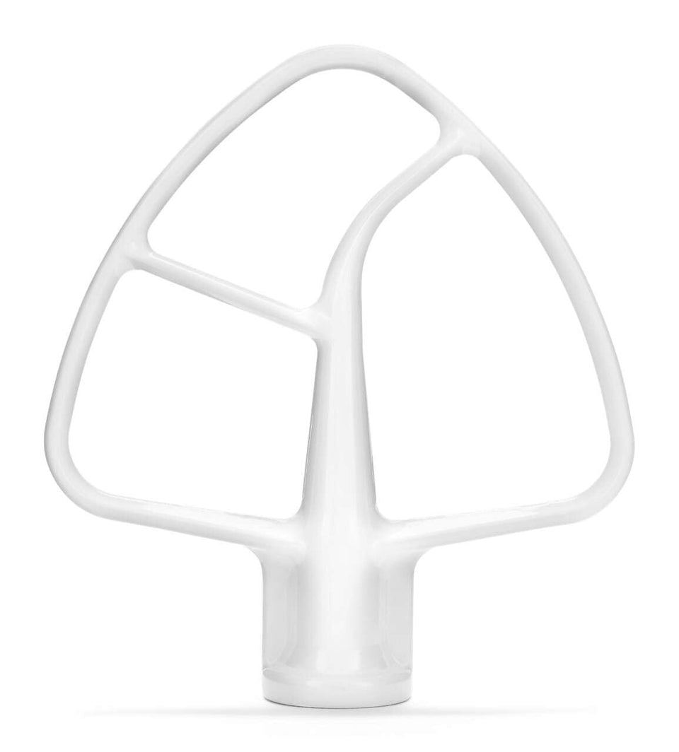 KitchenAid flat beater in white on a tilt-head mixer for versatile batter prep