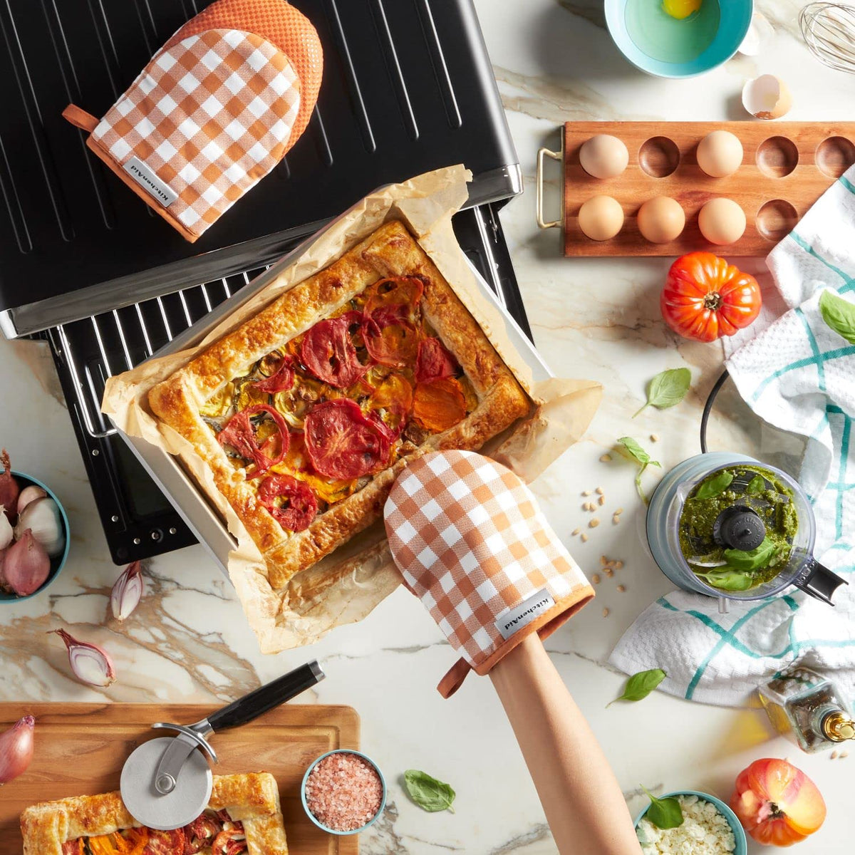 KitchenAid Gingham mini oven mitts machine washable for easy care.